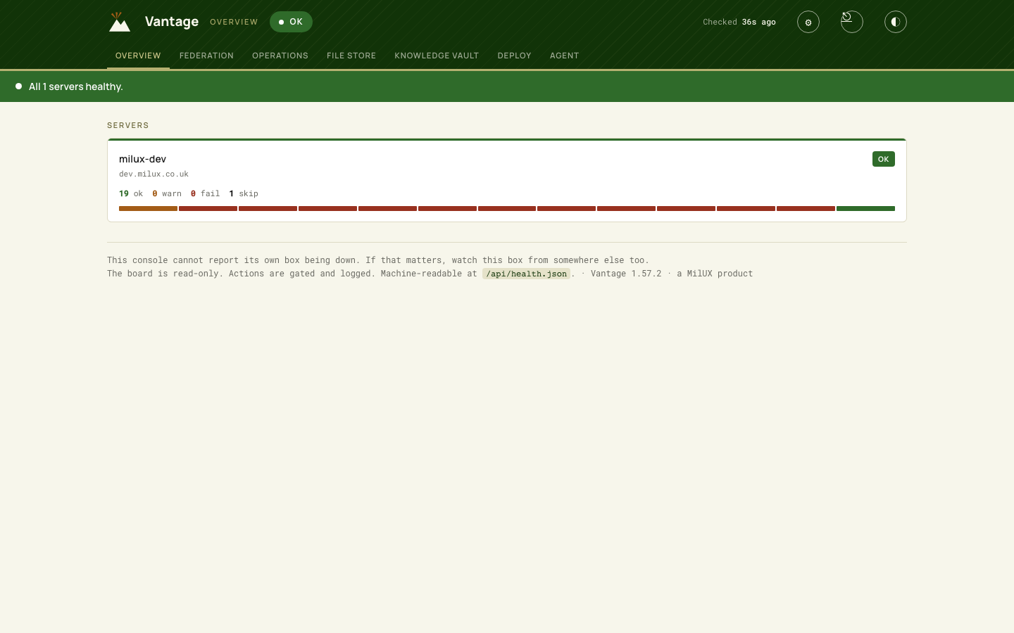 The Vantage estate overview: one healthy TAK server with its health, software baseline and certificate status on a single page.